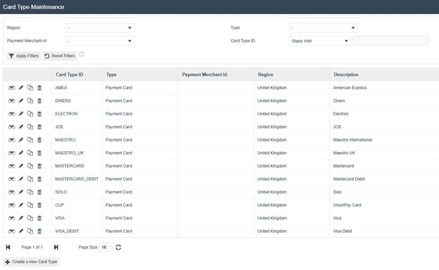 Card Type Maintenance select page listing card types including AMEX, DINERS, ELECTRON, JCB, MAESTRO, MASTERCARD, SOLO, CUP, VISA, and VISA_DEBIT for the United Kingdom region.
