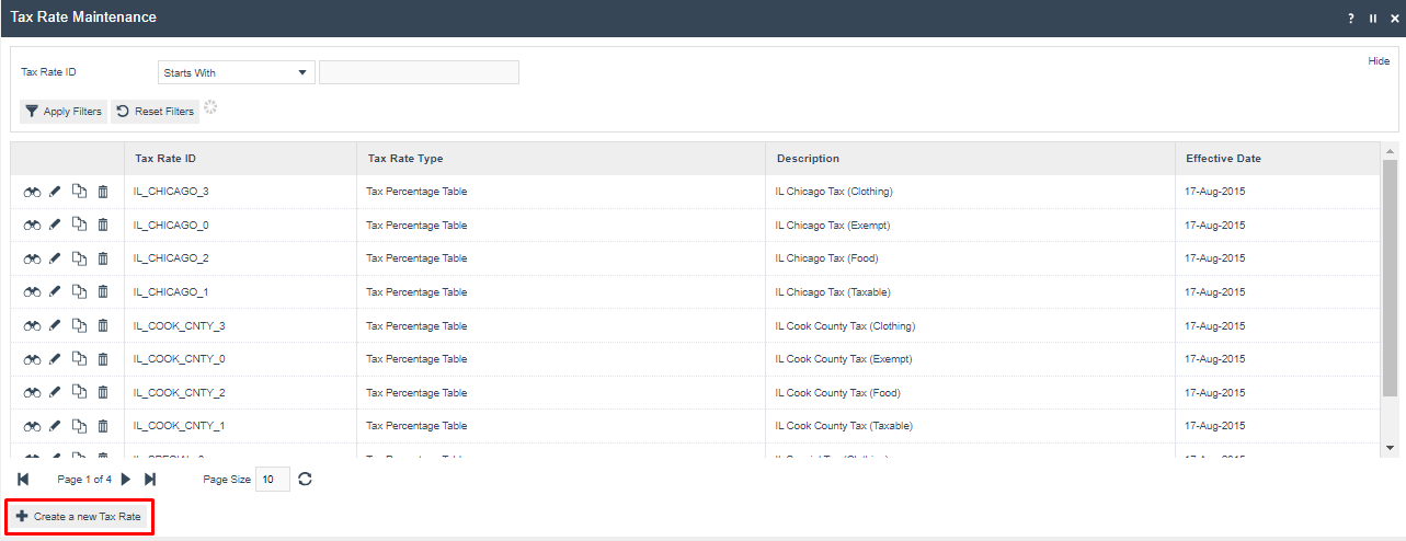 screenshot: Tax Rate Maintenance list showing existing rates