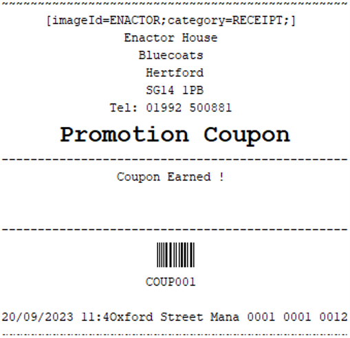 Printed Promotion Coupon receipt showing 'Coupon Earned!' and a barcode for COUP001.