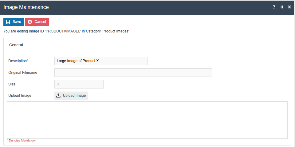 Images Maintenance General Tab showing the Description field and Upload image option