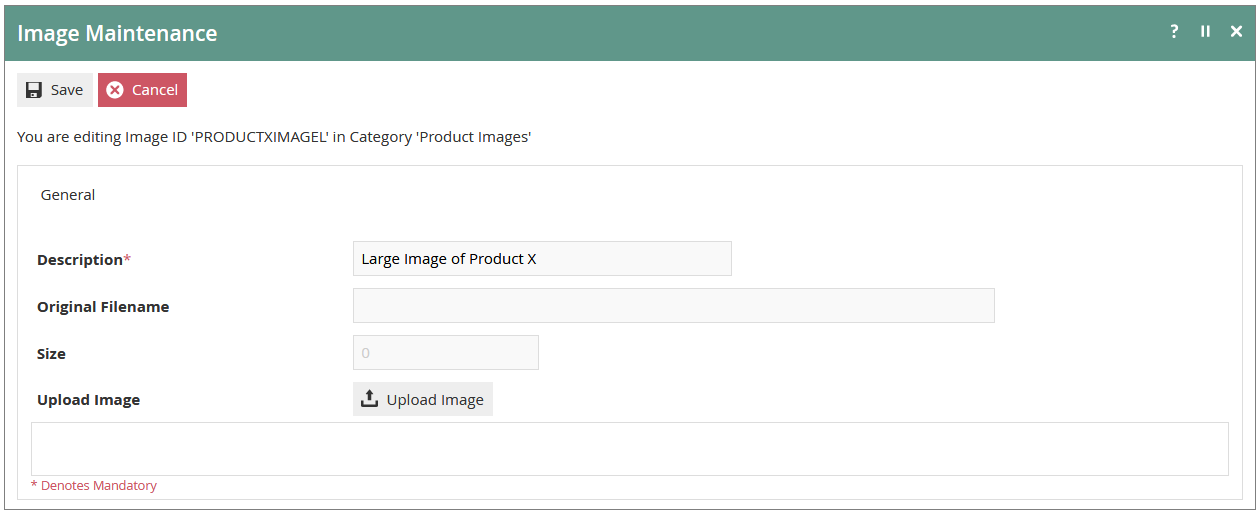 Images Maintenance General Tab showing the Description field and Upload image option