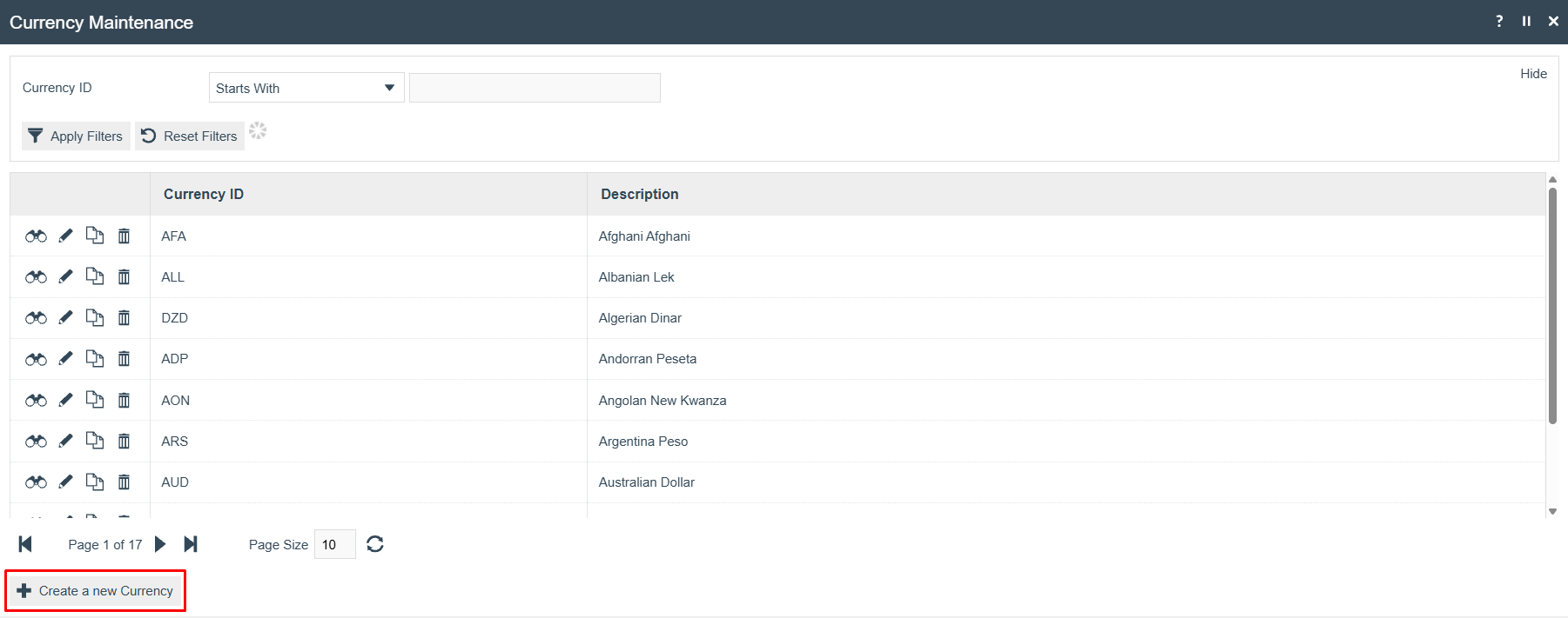 Currency list page with the Create a new Currency option