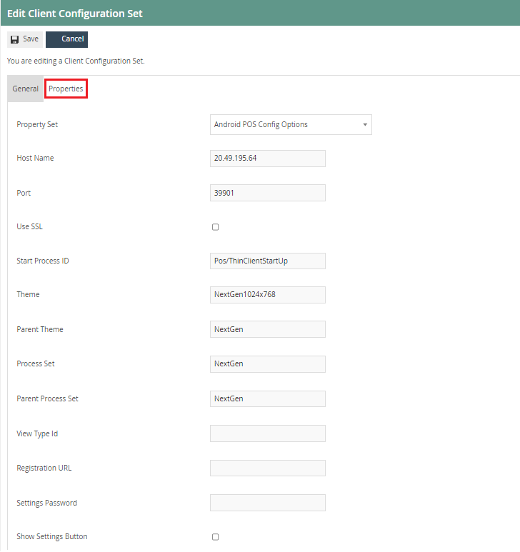 Edit Client Configuration Set on the Properties tab showing server connection settings with Host Name 20.49.195.64, Port 39901, and Theme NextGen1024x768.