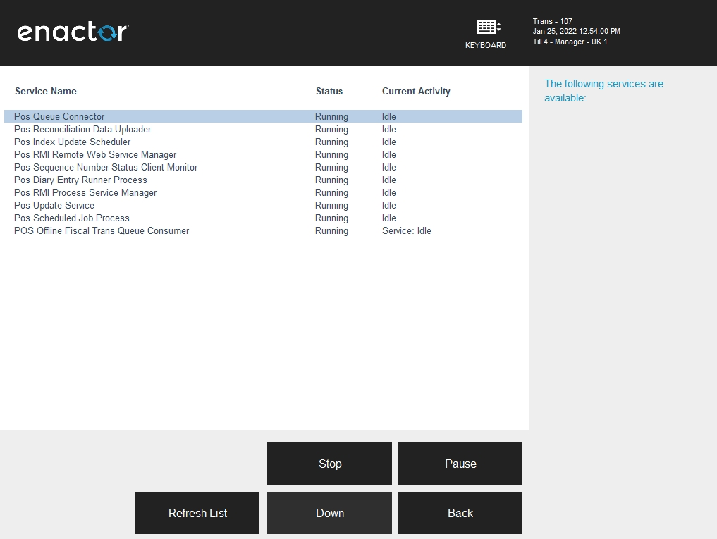 Enactor POS Background Services screen listing all services with their status and current activity