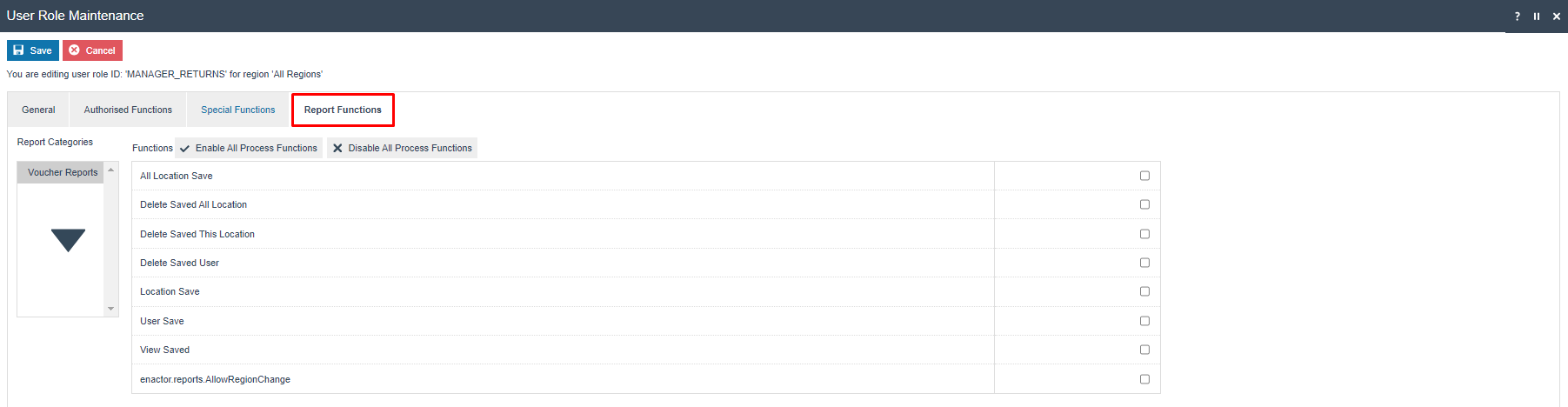 User Role Maintenance Report Functions tab showing Voucher Reports category selected with a list of report functions all unchecked.