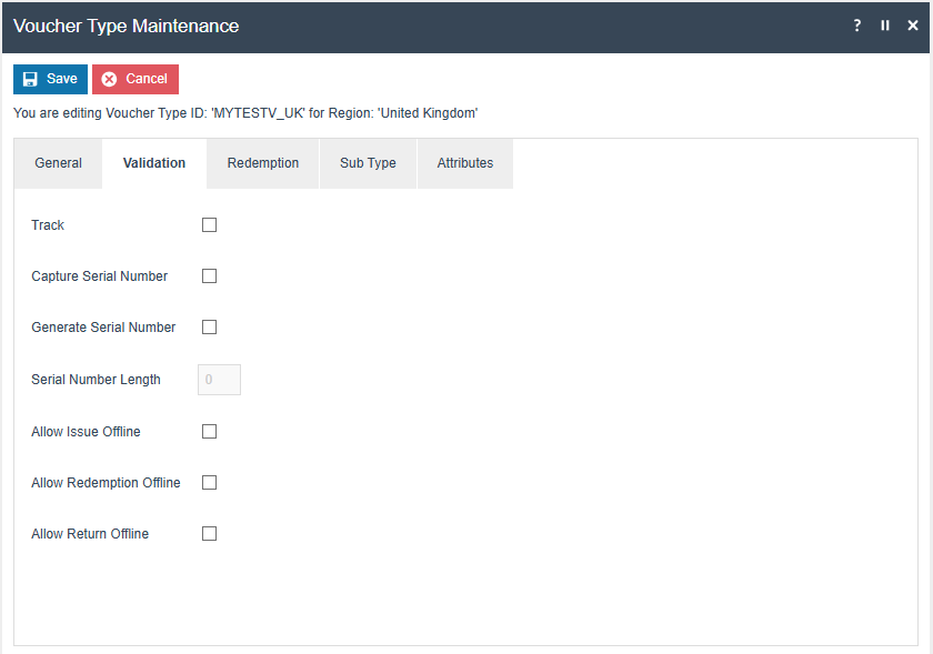 Voucher Type Maintenance Validation tab showing Track, Capture Serial Number, Generate Serial Number options, and offline communication settings