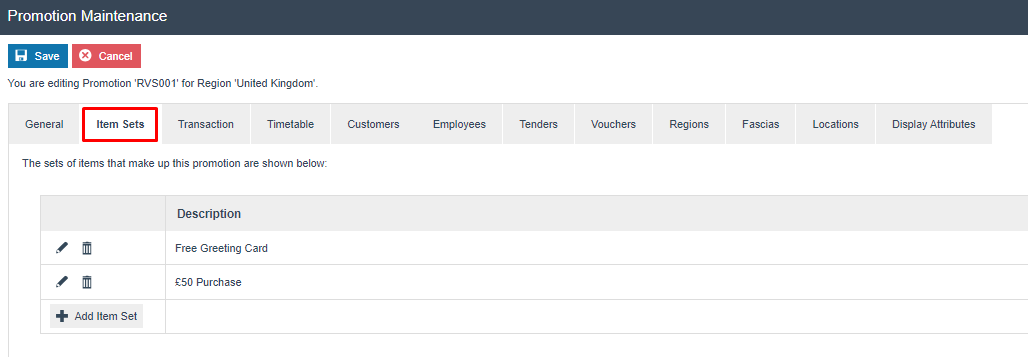 Item Sets tab of Promotion RVS001, listing the Free Greeting Card and GBP 50 Purchase item sets.