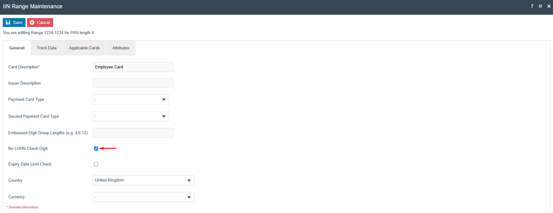 IIN Range General tab showing Card Description field and LUHN Check Digit option.
