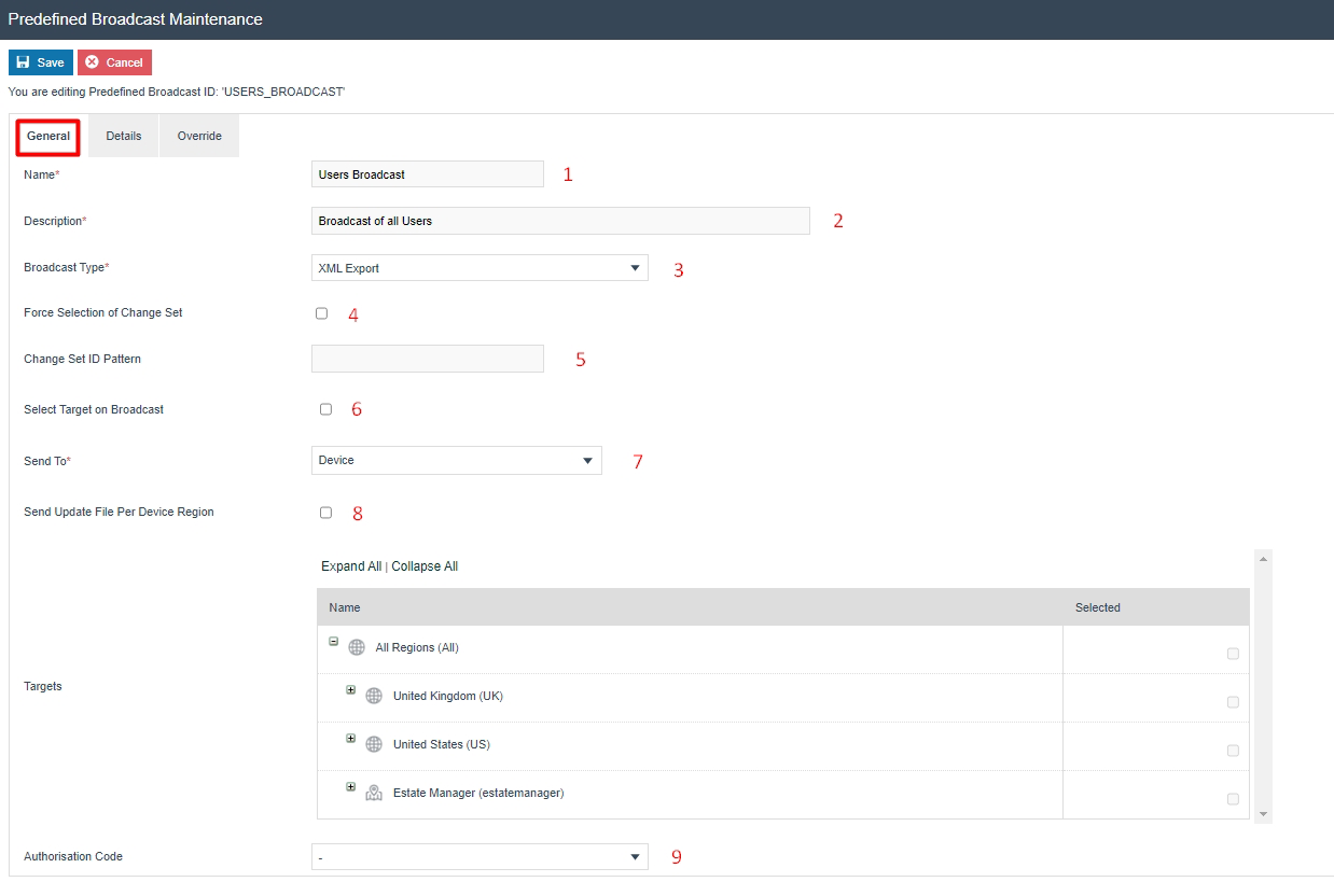 Predefined Broadcast Maintenance General Tab for USERS_BROADCAST showing Name set to Users Broadcast, Broadcast Type set to XML Export, Select Target on Broadcast unchecked, Send To set to Device, and a Targets tree with regions available for selection.