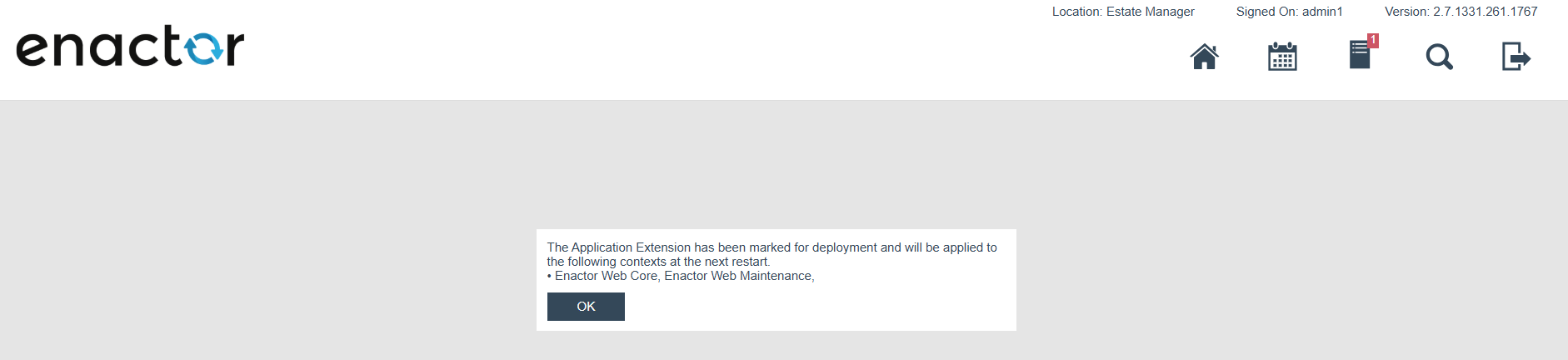 Deployment success message confirming the extension will be applied at the next restart