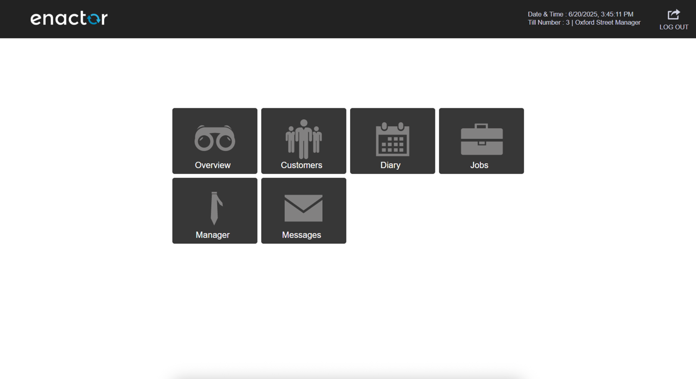 CRM Launch menu on the POS with buttons for Overview, Customers, Diary, Jobs, Manager, and Messages.