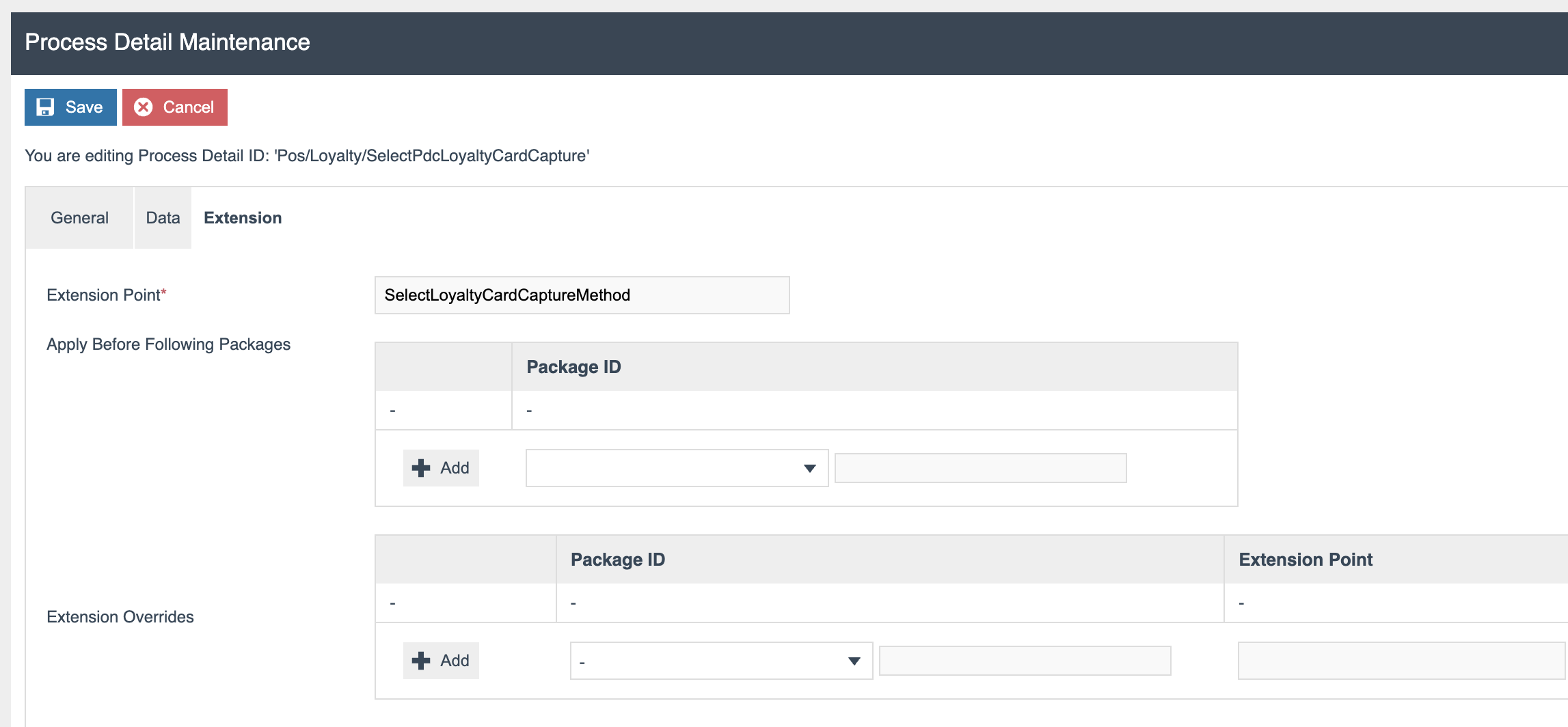 Process Detail Maintenance on the Extension tab with Extension Point set to SelectLoyaltyCardCaptureMethod.