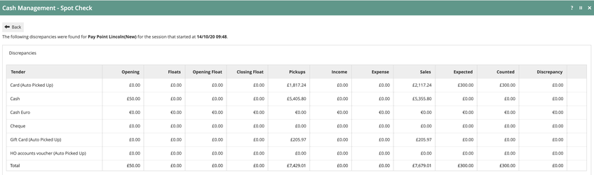 Cash Management Spot Check showing Card Auto Picked Up expected value of 300.00 after the card transaction