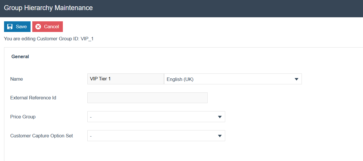 Group Hierarchy Maintenance General tab for Customer Group VIP_1. Name is VIP Tier 1. Price Group and Customer Capture Option Set dropdowns are visible.