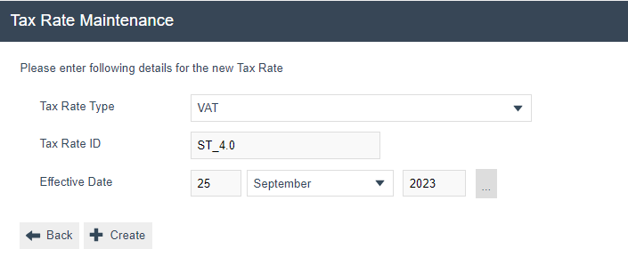 screenshot: Create new Tax Rate - ST_4.0, VAT type