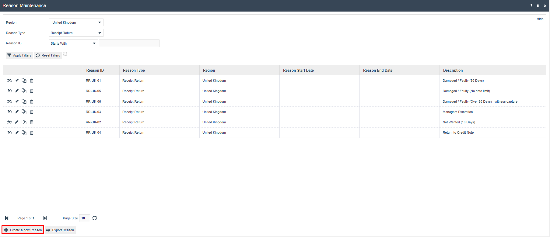 Reason Maintenance list filtered to show Receipt Return reasons for United Kingdom. Six reasons are listed.