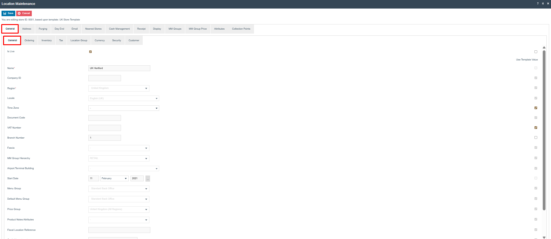 Location Maintenance General tab (General sub-tab) for store 0001. Is Live is checked, Name is UK Hertford, Region is United Kingdom, MM Group Hierarchy is RETAIL.
