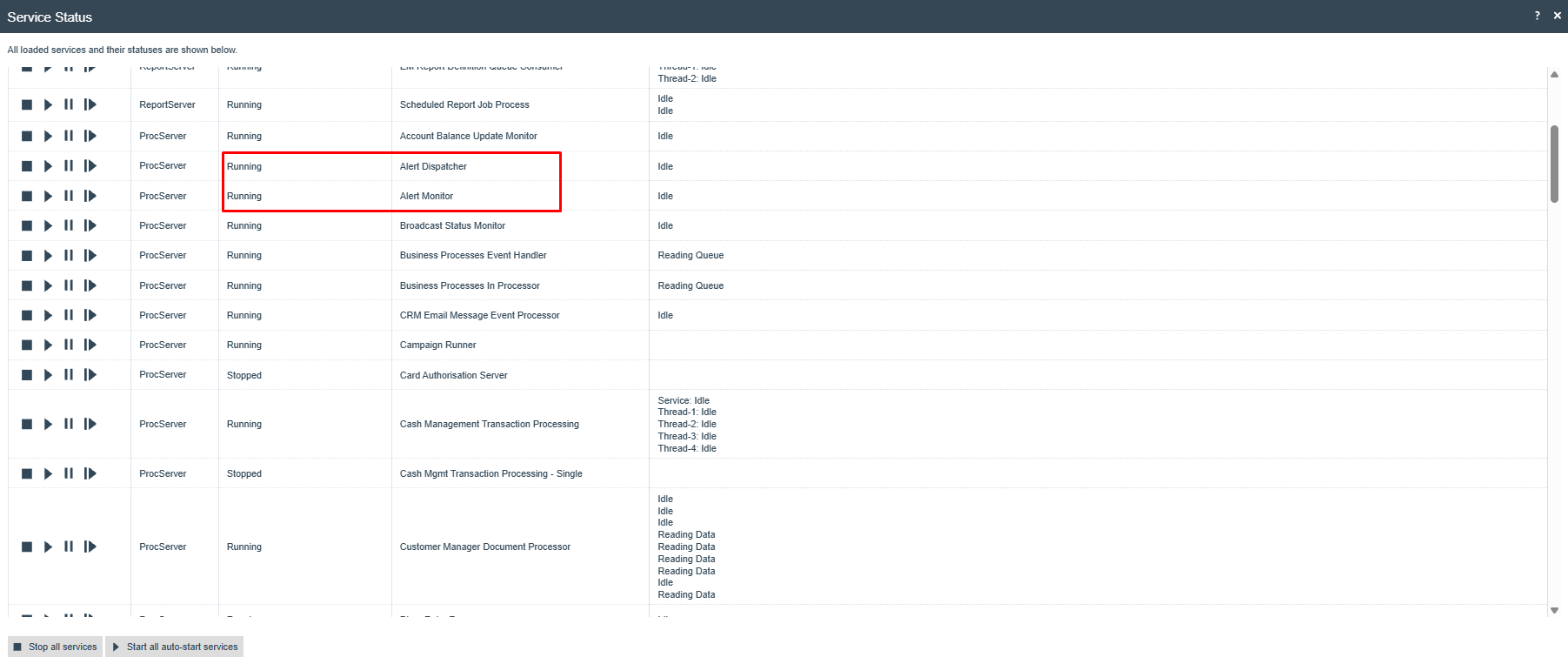 Service Status screen showing Alert Dispatcher and Alert Monitor services both in Running status with Idle state.