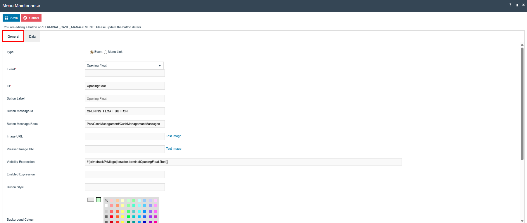 Menu Maintenance button editor for the Opening Float event on TERMINAL_CASH_MANAGEMENT. Event is set to 'Opening Float', Image URL is 'NextGen1024x768/Admin/openingfloat.png', and the Visibility Expression checks the enactor.terminalOpeningFloat.Run privilege.
