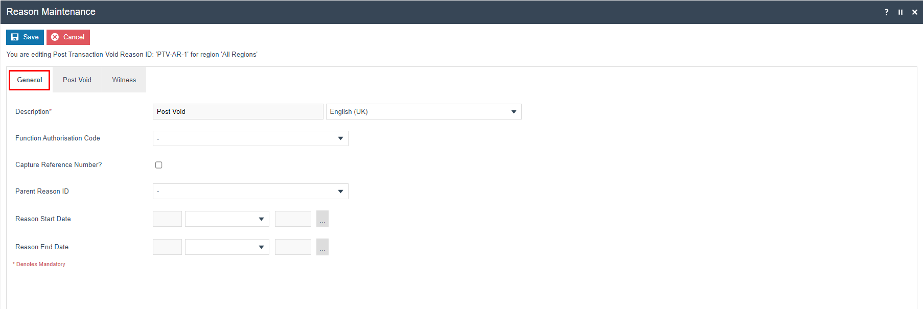 Reason Maintenance General tab for Post Transaction Void Reason PTV-AR-1. Description is set to 'Post Void' with locale English (UK).