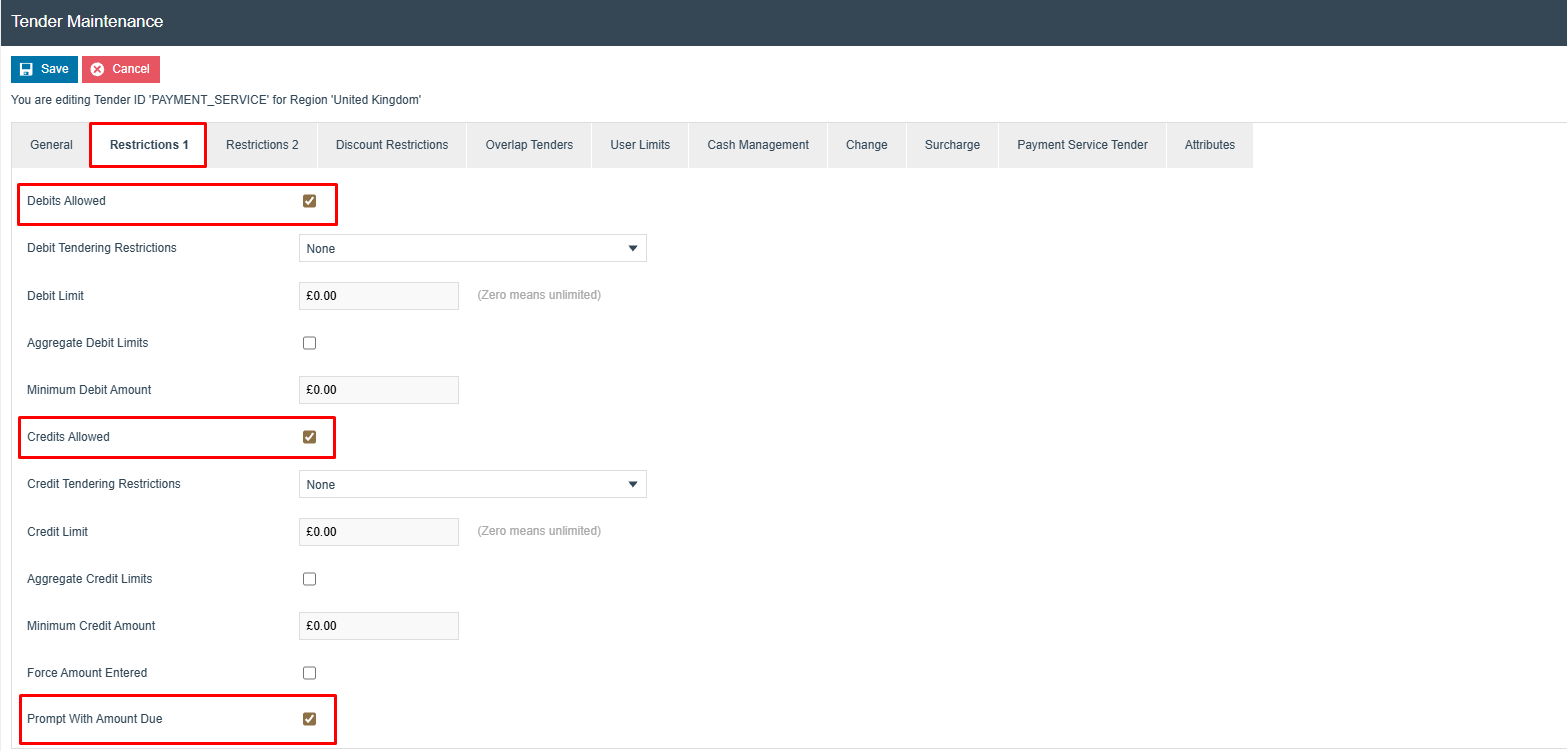 Tender Maintenance Restrictions 1 tab for PAYMENT_SERVICE. Debits Allowed is checked, Credits Allowed is checked, and Prompt With Amount Due is checked. All limits are set to zero meaning unlimited.