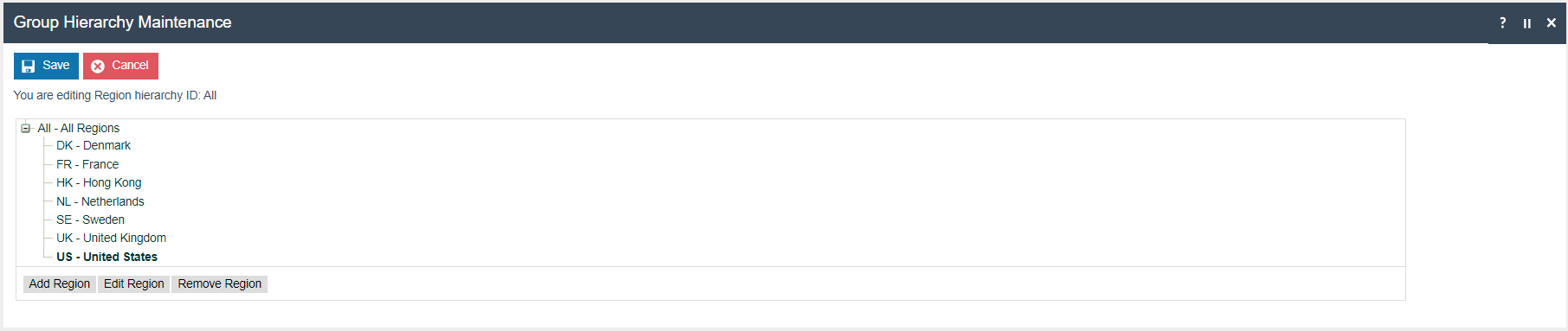 Group Hierarchy Maintenance editing Region hierarchy ID All. Tree shows All Regions as root with country nodes: DK - Denmark, FR - France, HK - Hong Kong, NL - Netherlands, SE - Sweden, UK - United Kingdom, US - United States.