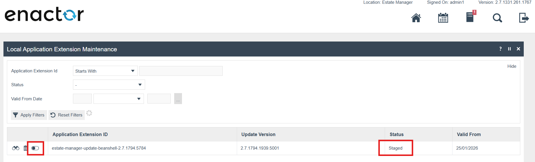 Local Application Extension Maintenance list page showing the record status updated to Staged