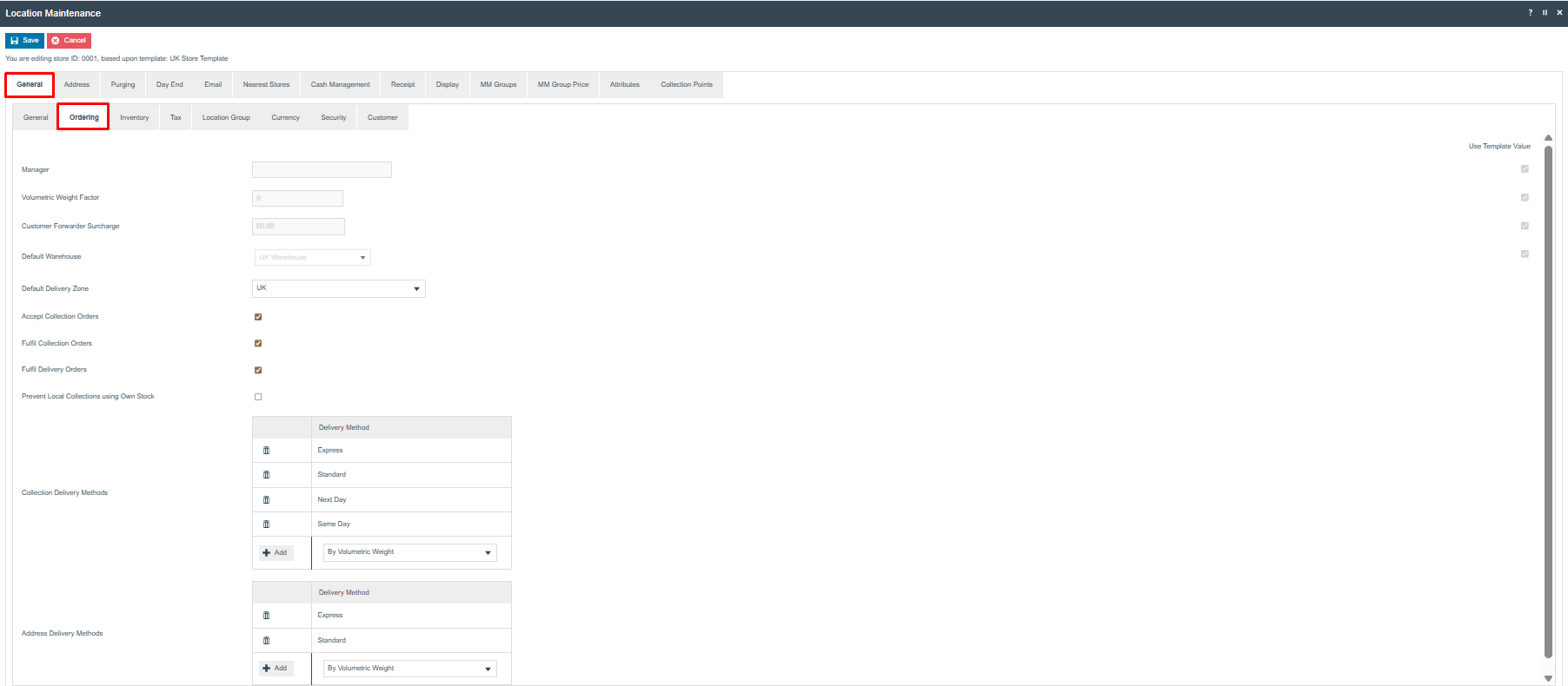 Location Maintenance General tab (Ordering sub-tab) for store 0001. Accept Collection Orders, Fulfil Collection Orders and Fulfil Delivery Orders are checked; Default Warehouse is UK Warehouse.