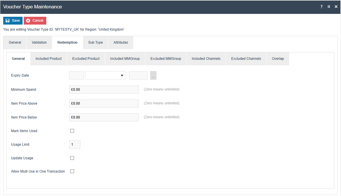 Voucher Type Maintenance Redemption General tab showing Expiry Date, Minimum Spend, Item Price Above/Below, Mark Items Used, Usage Limit, Update Usage, and Allow Multi Use In One Transaction fields