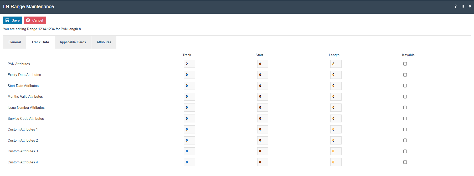 IIN Range Track Data tab showing PAN location configuration for magnetic stripe cards.