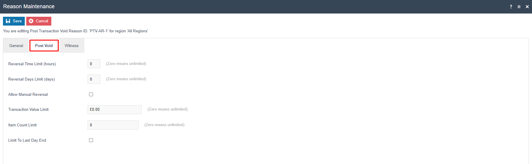 Reason Maintenance Post Void tab for PTV-AR-1 showing all numeric limits set to 0 (unlimited) and all checkboxes unchecked.