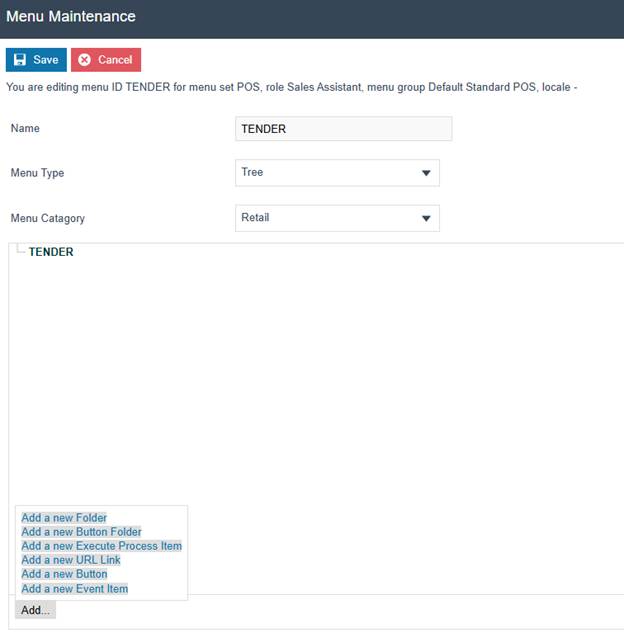 Menu Maintenance editing the TENDER menu. The Add dropdown is open showing options including Add a new Button.