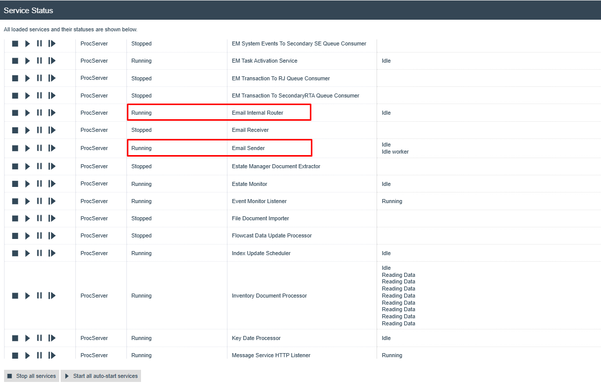 Service Status screen showing Email Internal Router and Email Sender services.