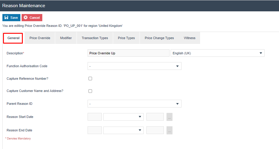 Reason Maintenance General tab for Price Override PO_UP_001. Description is set to Price Override Up. Fewer tabs are visible compared to Item Discount reasons.
