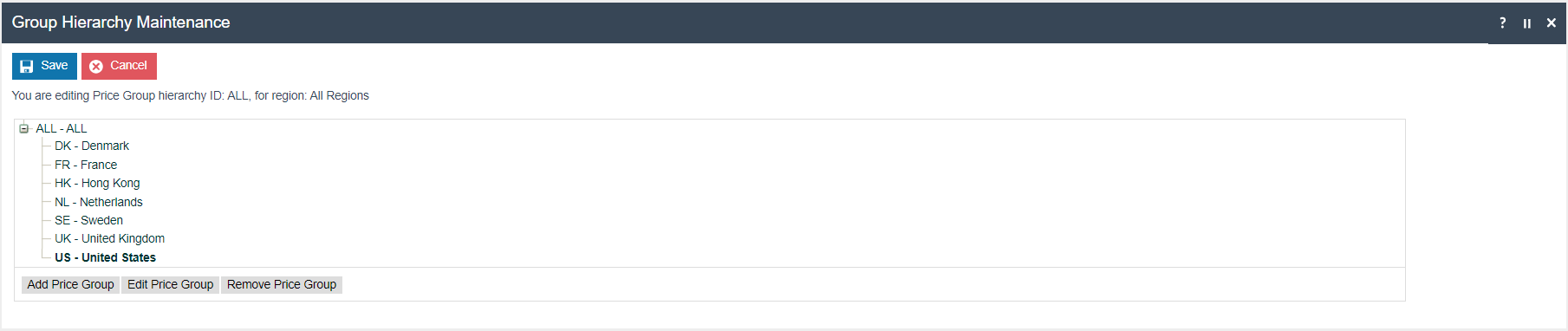 Group Hierarchy Maintenance editing Price Group hierarchy ID ALL for region All Regions. Tree shows ALL as root with country nodes including DK - Denmark, FR - France, HK - Hong Kong, NL - Netherlands, SE - Sweden, UK - United Kingdom, US - United States.