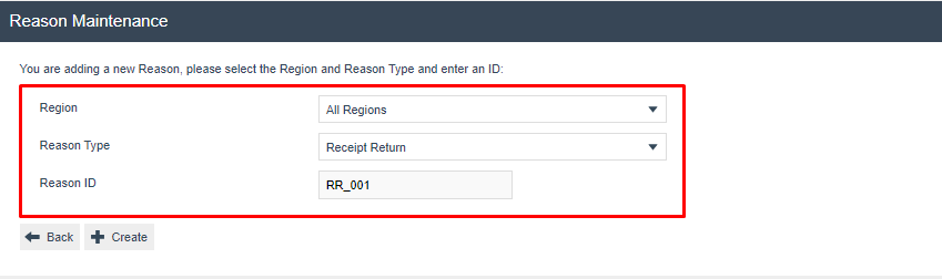 Create Reason screen. Region is 'All Regions', Reason Type is 'Receipt Return', and Reason ID is 'RR_001'.