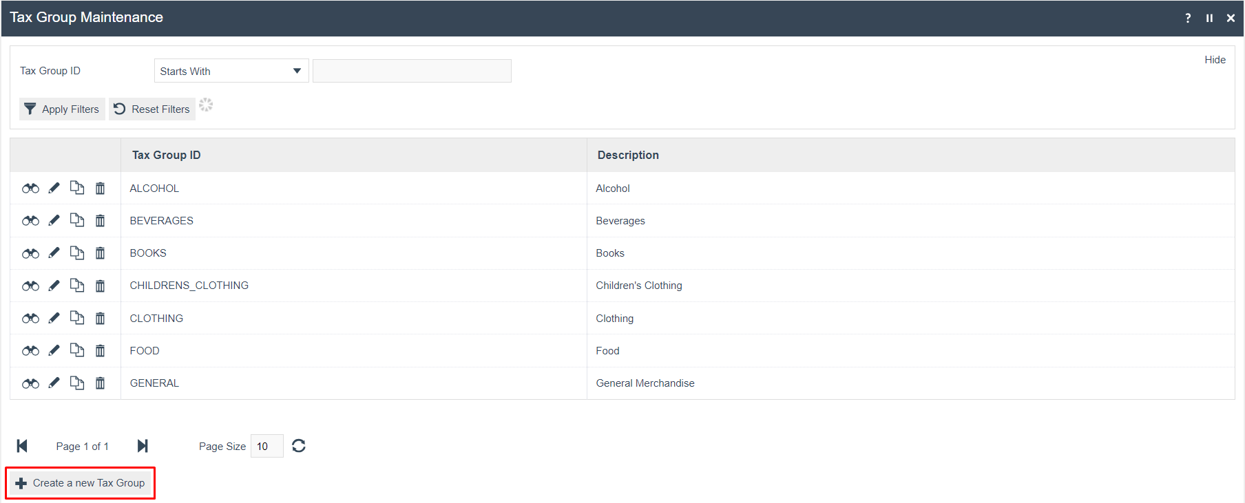 screenshot: Tax Group Maintenance list