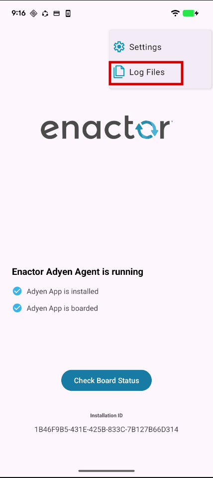 Adyen Agent app dropdown menu with Log Files option highlighted.