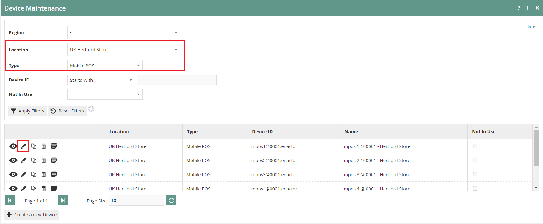 Device Maintenance list filtered to show Mobile POS devices