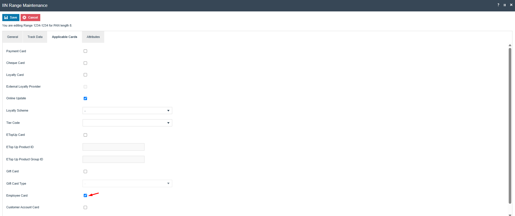 IIN Range Applicable Cards tab with Employee Card option selected.