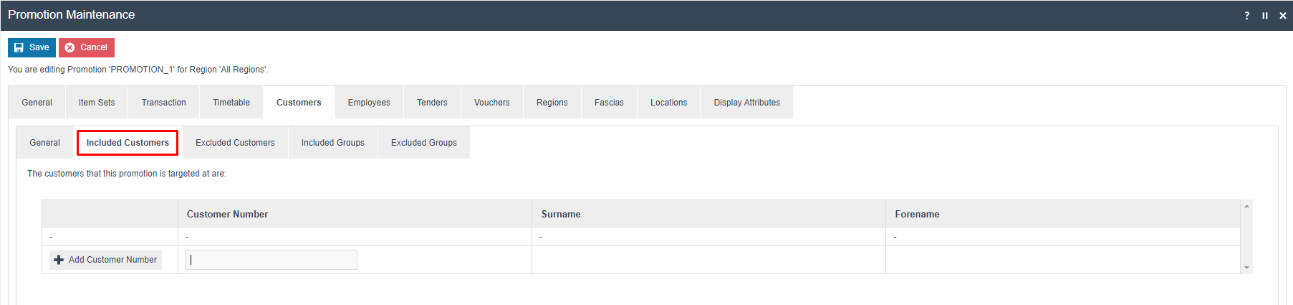 Promotion Maintenance on the Customers - Included Customers tab. The customer list is empty with an Add Customer Number field.