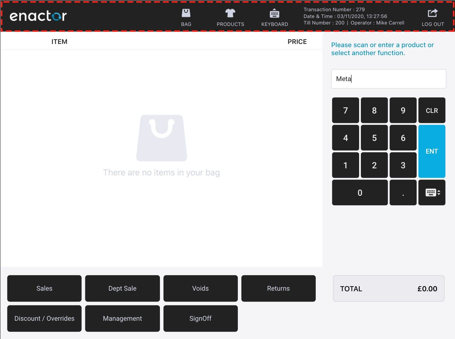 React POS header area showing menu buttons and info bar - branded theme