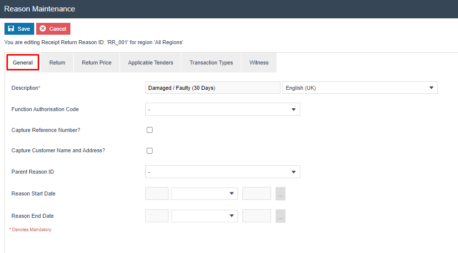 Reason Maintenance General tab for RR_001. Description is 'Damaged / Faulty (30 Days)'.