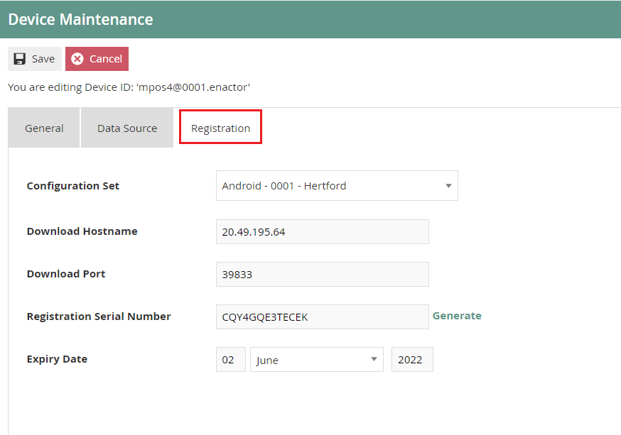 Device Maintenance editing mpos4@0001.enactor on the Registration tab. Configuration Set is Android - 0001 - Hertford, Download Hostname is 20.49.195.64, and a Registration Serial Number has been generated.