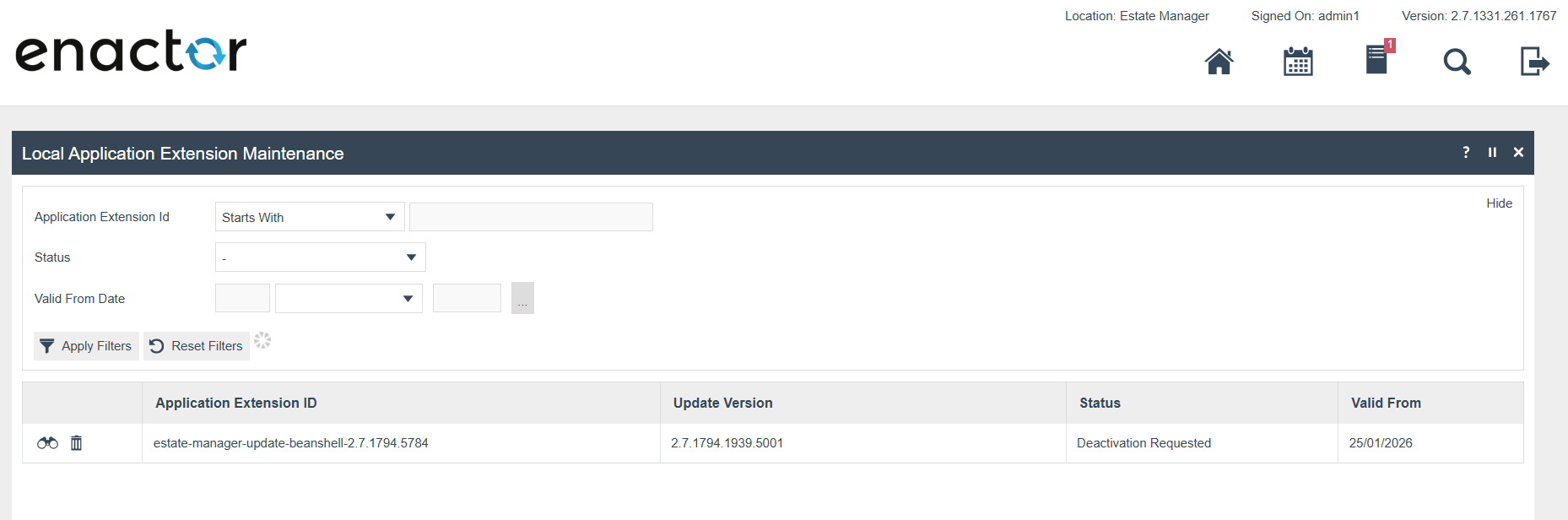 Local Application Extension Maintenance list page showing the record status updated to Deactivation Requested