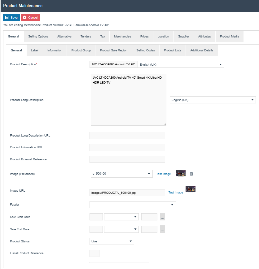 Product Maintenance General tab, General sub-tab showing Product Description, Product Long Description and image association fields