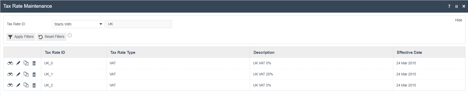 Tax Rate Maintenance list filtered to UK, showing three rates: UK_0 (0%), UK_1 (20%), UK_2 (5%), all VAT type with effective date 24 Mar 2015.