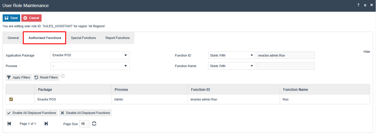 User Role Maintenance showing the Authorised Functions tab filtered on the Enactor POS package, with terminal cash management privileges listed.