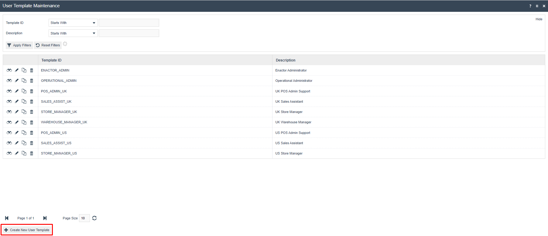 User Template Maintenance list showing configured templates including ENACTOR_ADMIN, SALES_ASSIST_UK, STORE_MANAGER_UK and others.