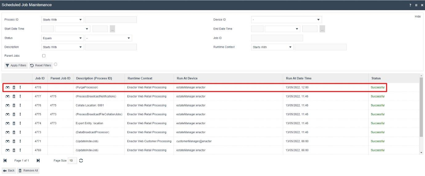 Scheduled Job Maintenance screen